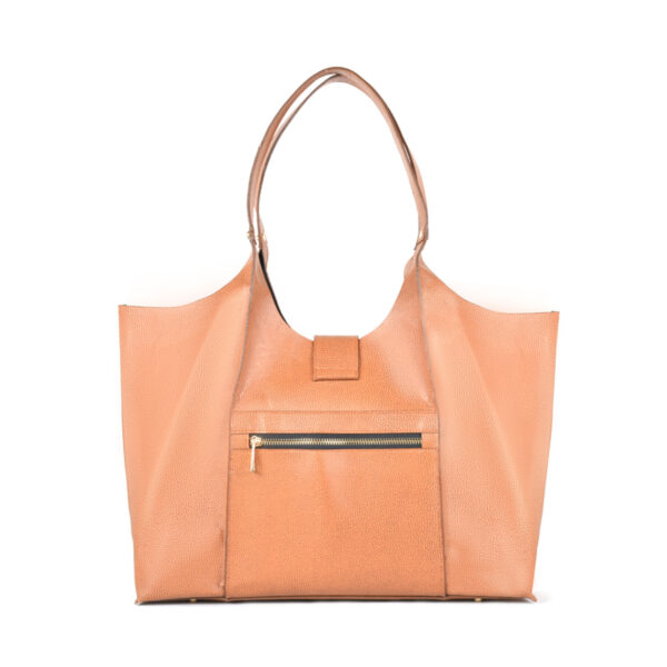 Big tan color leatherette tote bag By JAV for women with Flap and magnet closure.