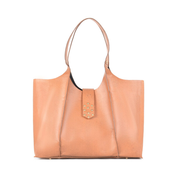 Tan color leatherette tote bag by JAV for women.